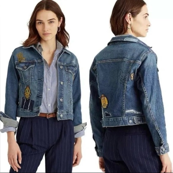 Lauren Womens Ralph Lauren Navy Pocketed Distressed Patchwork BoxyButton Up Den